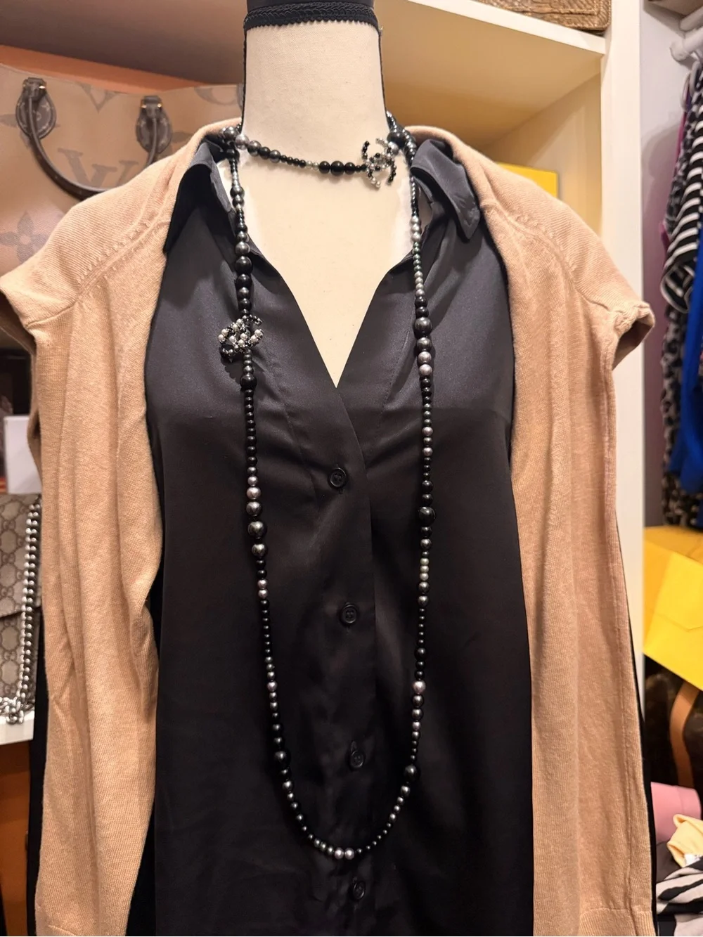 CHANEL Long Black and Silver Beaded Necklace with Pearl Accents